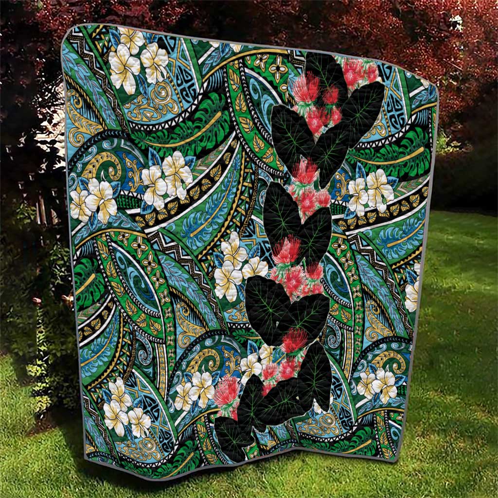 Hawaiian Taro Leaves and Ohia Lehua Quilt Polynesian Tribal Art Tropical Plants Motifs Colorful LT03 - Polynesian Pride