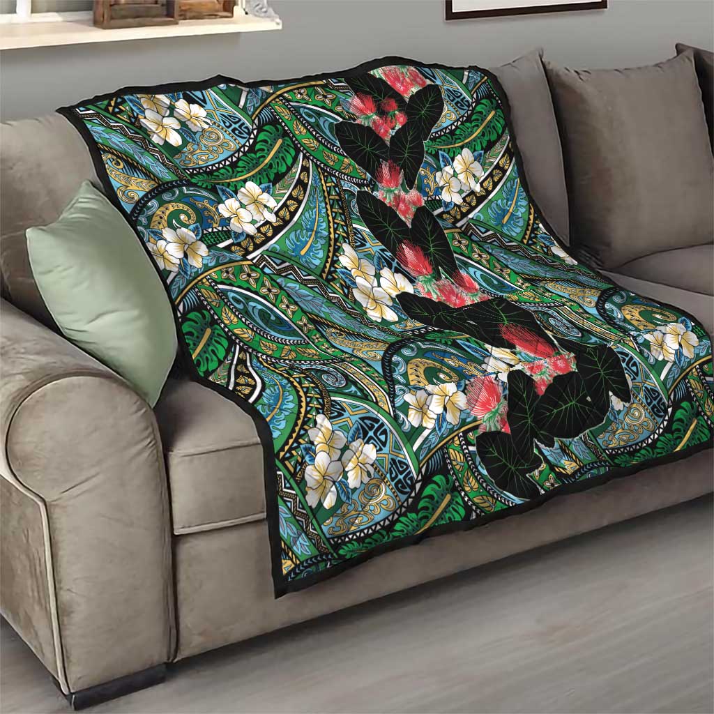 Hawaiian Taro Leaves and Ohia Lehua Quilt Polynesian Tribal Art Tropical Plants Motifs Colorful LT03 - Polynesian Pride