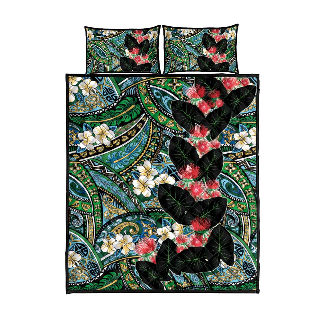 Hawaiian Taro Leaves and Ohia Lehua Quilt Bed Set Polynesian Tribal Art Tropical Plants Motifs Colorful LT03 - Polynesian Pride