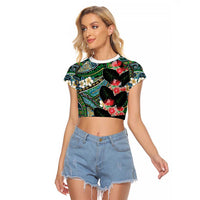 Hawaiian Taro Leaves and Ohia Lehua Raglan Cropped T Shirt Polynesian Tribal Art Tropical Plants Motifs Colorful LT03 Female Multicolor - Polynesian Pride