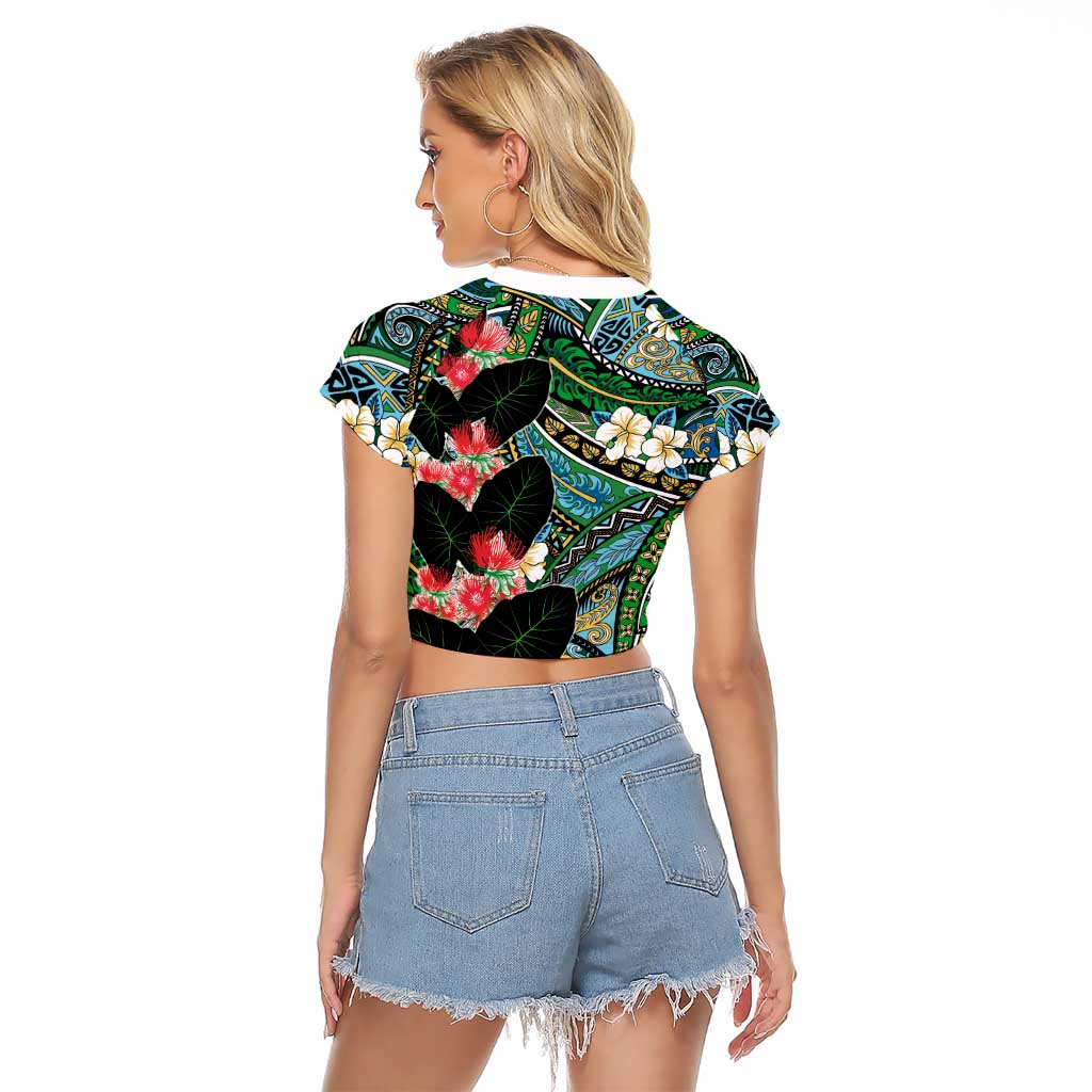 Hawaiian Taro Leaves and Ohia Lehua Raglan Cropped T Shirt Polynesian Tribal Art Tropical Plants Motifs Colorful LT03 - Polynesian Pride