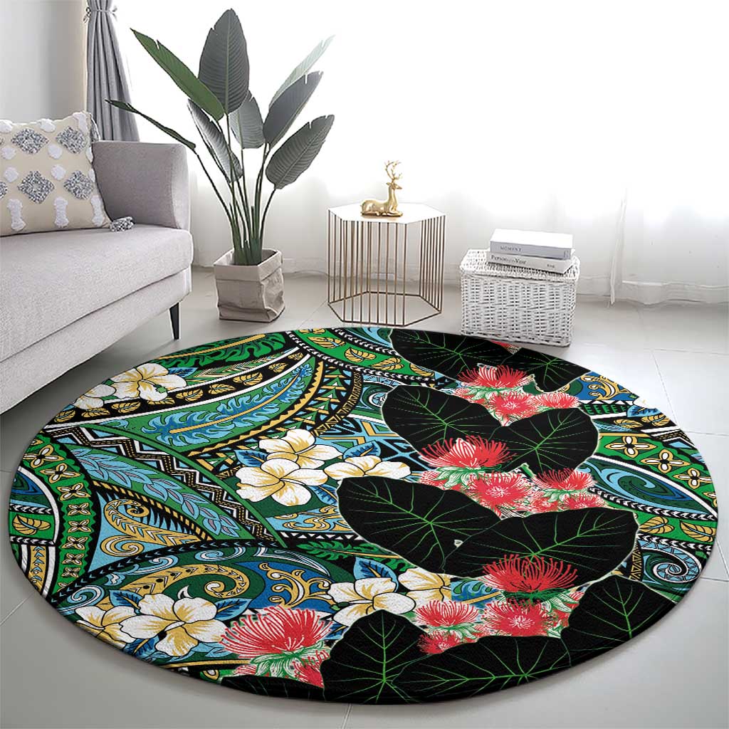 Hawaiian Taro Leaves and Ohia Lehua Round Carpet Polynesian Tribal Art Tropical Plants Motifs Colorful LT03 - Polynesian Pride