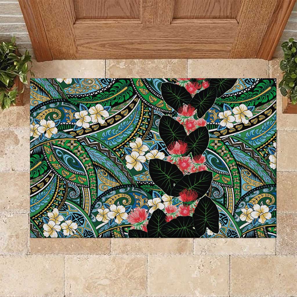 Hawaiian Taro Leaves and Ohia Lehua Rubber Doormat Polynesian Tribal Art Tropical Plants Motifs Colorful LT03 Multicolor - Polynesian Pride