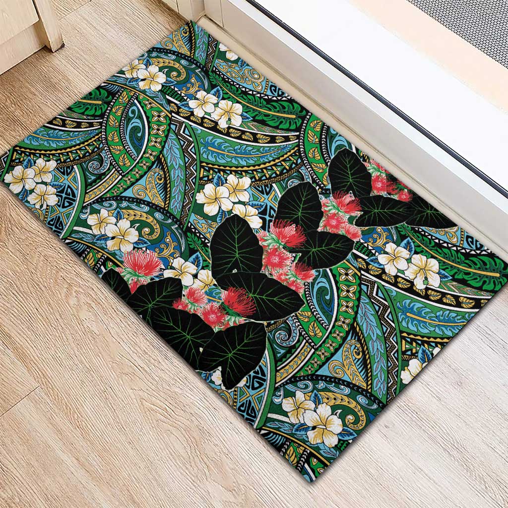 Hawaiian Taro Leaves and Ohia Lehua Rubber Doormat Polynesian Tribal Art Tropical Plants Motifs Colorful LT03 - Polynesian Pride