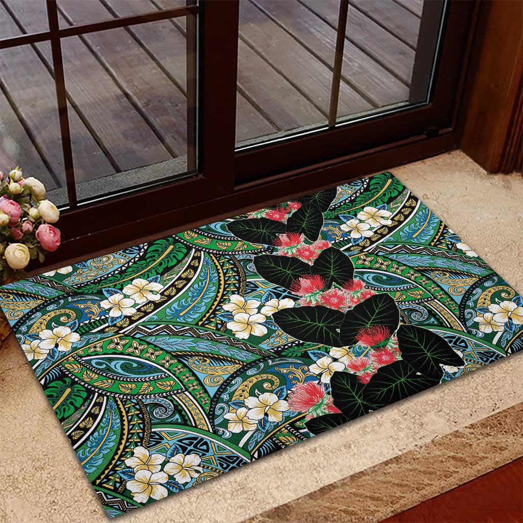 Hawaiian Taro Leaves and Ohia Lehua Rubber Doormat Polynesian Tribal Art Tropical Plants Motifs Colorful LT03 - Polynesian Pride