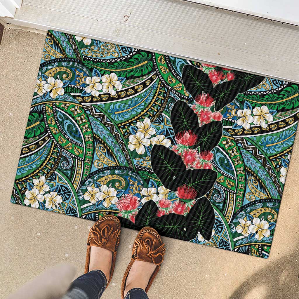 Hawaiian Taro Leaves and Ohia Lehua Rubber Doormat Polynesian Tribal Art Tropical Plants Motifs Colorful LT03 - Polynesian Pride