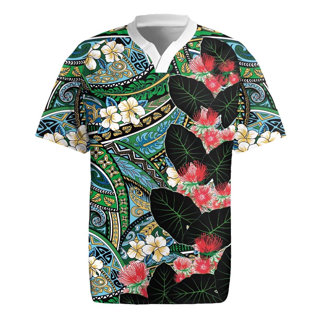 Hawaiian Taro Leaves and Ohia Lehua Rugby Jersey Polynesian Tribal Art Tropical Plants Motifs Colorful LT03 Multicolor - Polynesian Pride