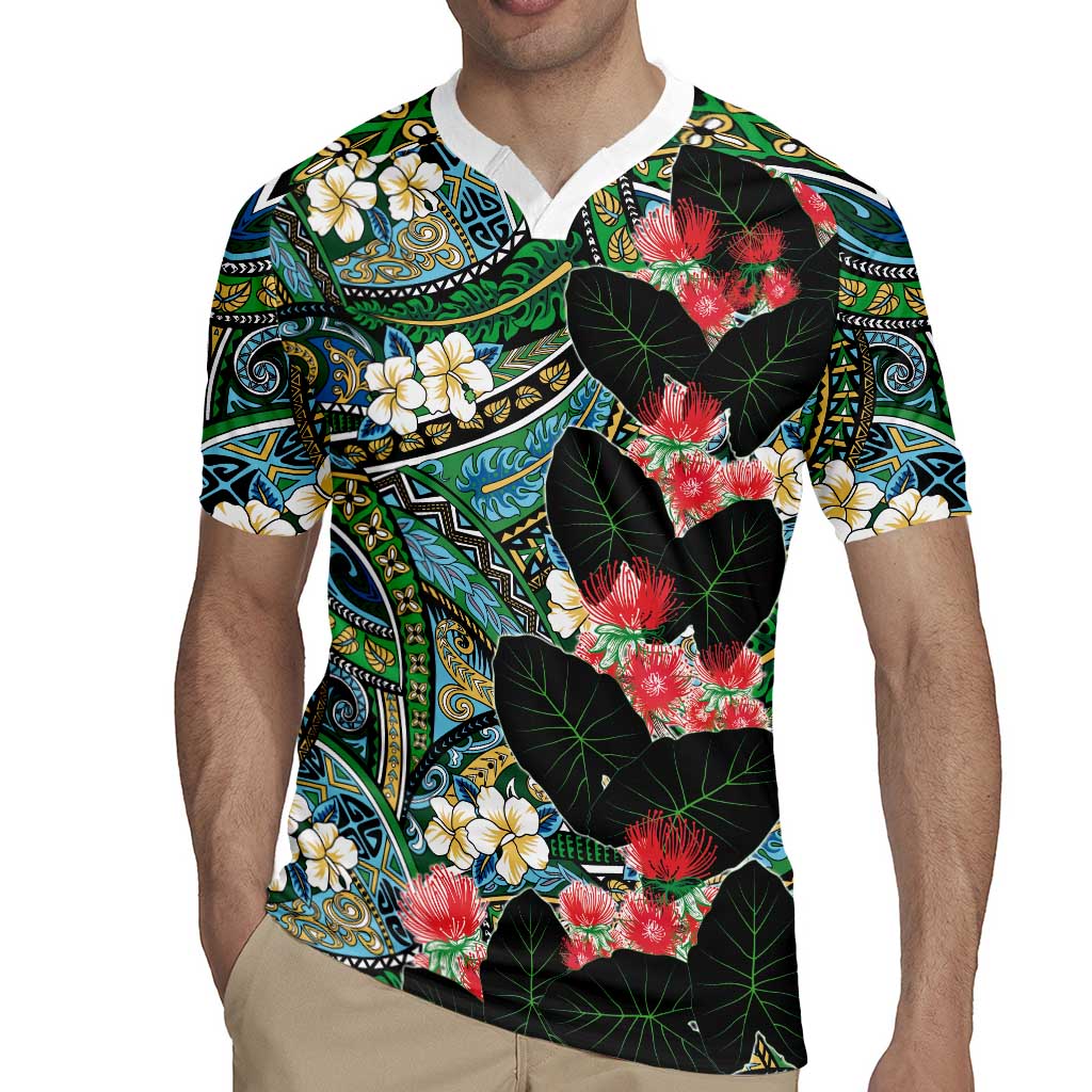Hawaiian Taro Leaves and Ohia Lehua Rugby Jersey Polynesian Tribal Art Tropical Plants Motifs Colorful LT03 - Polynesian Pride