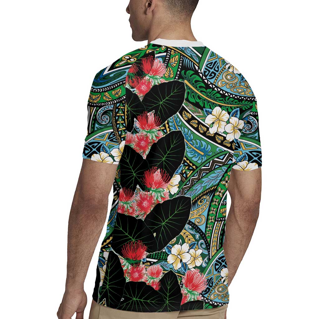 Hawaiian Taro Leaves and Ohia Lehua Rugby Jersey Polynesian Tribal Art Tropical Plants Motifs Colorful LT03 - Polynesian Pride