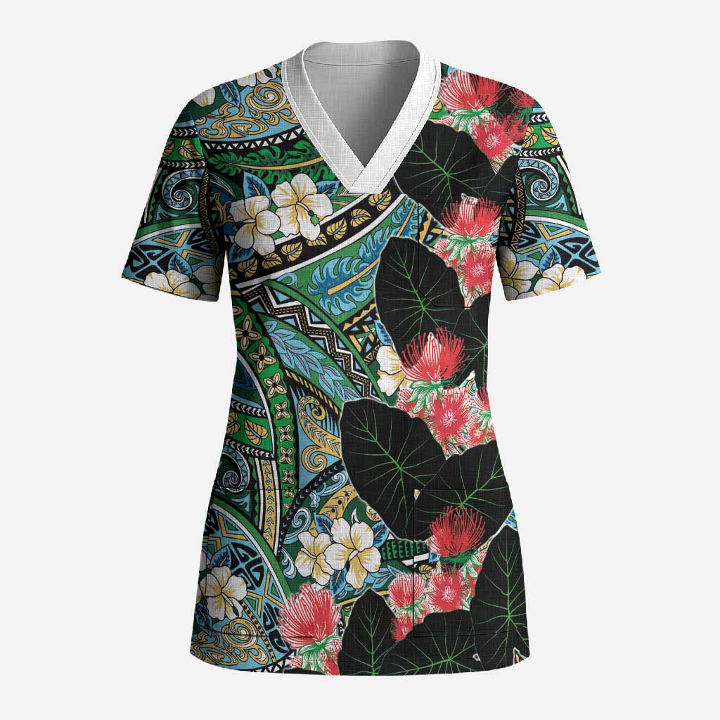 Hawaiian Taro Leaves and Ohia Lehua Scrub Top Polynesian Tribal Art Tropical Plants Motifs Colorful LT03 Adult Multicolor - Polynesian Pride