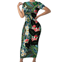Hawaiian Taro Leaves and Ohia Lehua Short Sleeve Bodycon Dress Polynesian Tribal Art Tropical Plants Motifs Colorful LT03 Long Dress Multicolor - Polynesian Pride