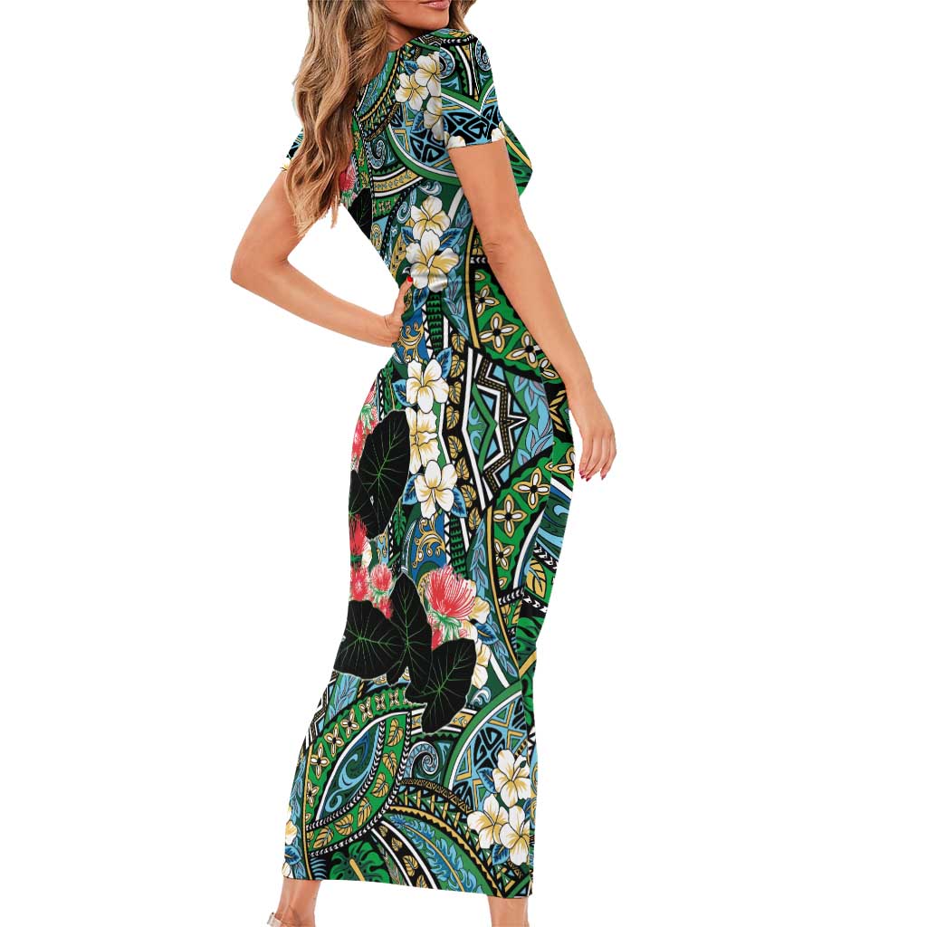 Hawaiian Taro Leaves and Ohia Lehua Short Sleeve Bodycon Dress Polynesian Tribal Art Tropical Plants Motifs Colorful LT03 - Polynesian Pride