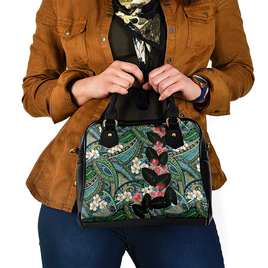 Hawaiian Taro Leaves and Ohia Lehua Shoulder Handbag Polynesian Tribal Art Tropical Plants Motifs Colorful LT03 - Polynesian Pride