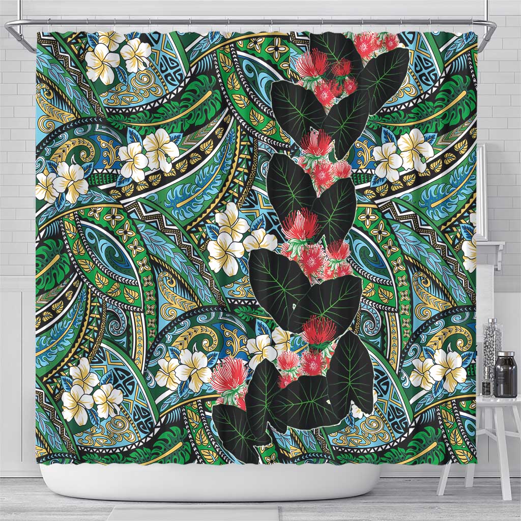 Hawaiian Taro Leaves and Ohia Lehua Shower Curtain Polynesian Tribal Art Tropical Plants Motifs Colorful LT03 - Polynesian Pride