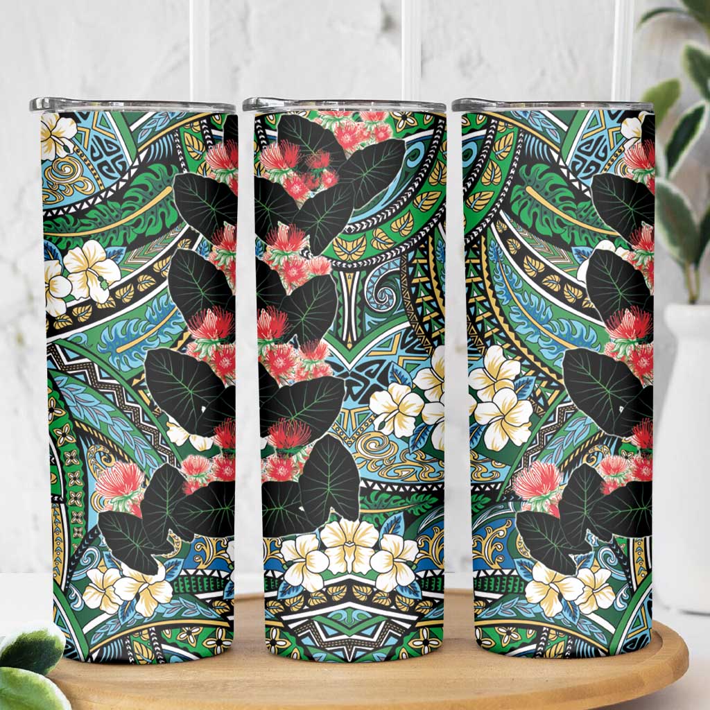 Hawaiian Taro Leaves and Ohia Lehua Skinny Tumbler Polynesian Tribal Art Tropical Plants Motifs Colorful LT03 - Polynesian Pride