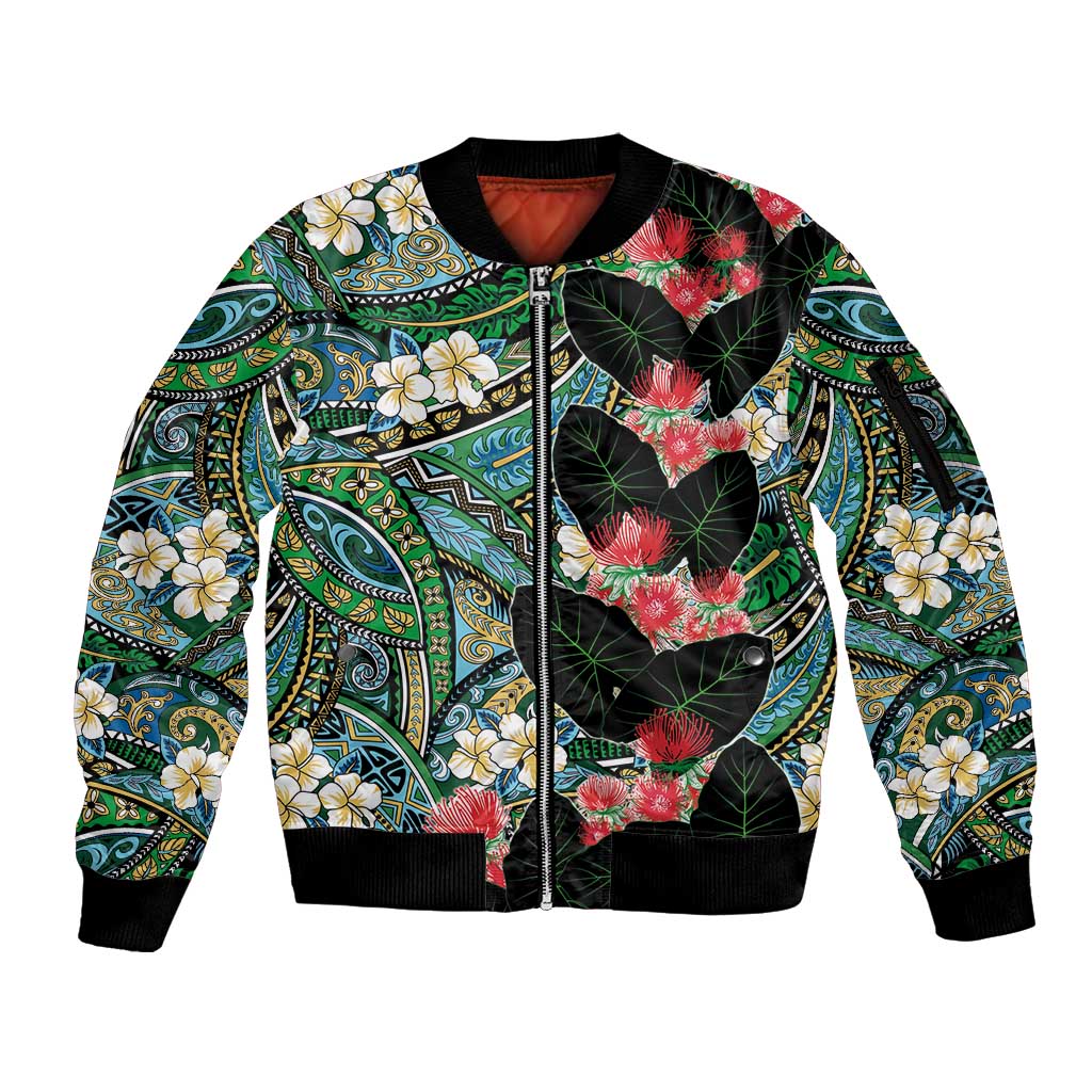 Hawaiian Taro Leaves and Ohia Lehua Sleeve Zip Bomber Jacket Polynesian Tribal Art Tropical Plants Motifs Colorful LT03 Unisex Multicolor - Polynesian Pride