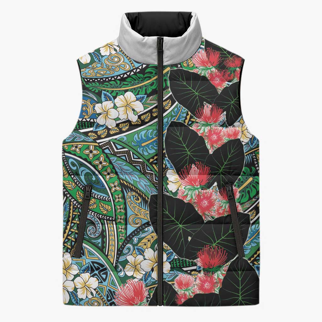 Hawaiian Taro Leaves and Ohia Lehua Sleeveless Puffer Jacket Polynesian Tribal Art Tropical Plants Motifs Colorful