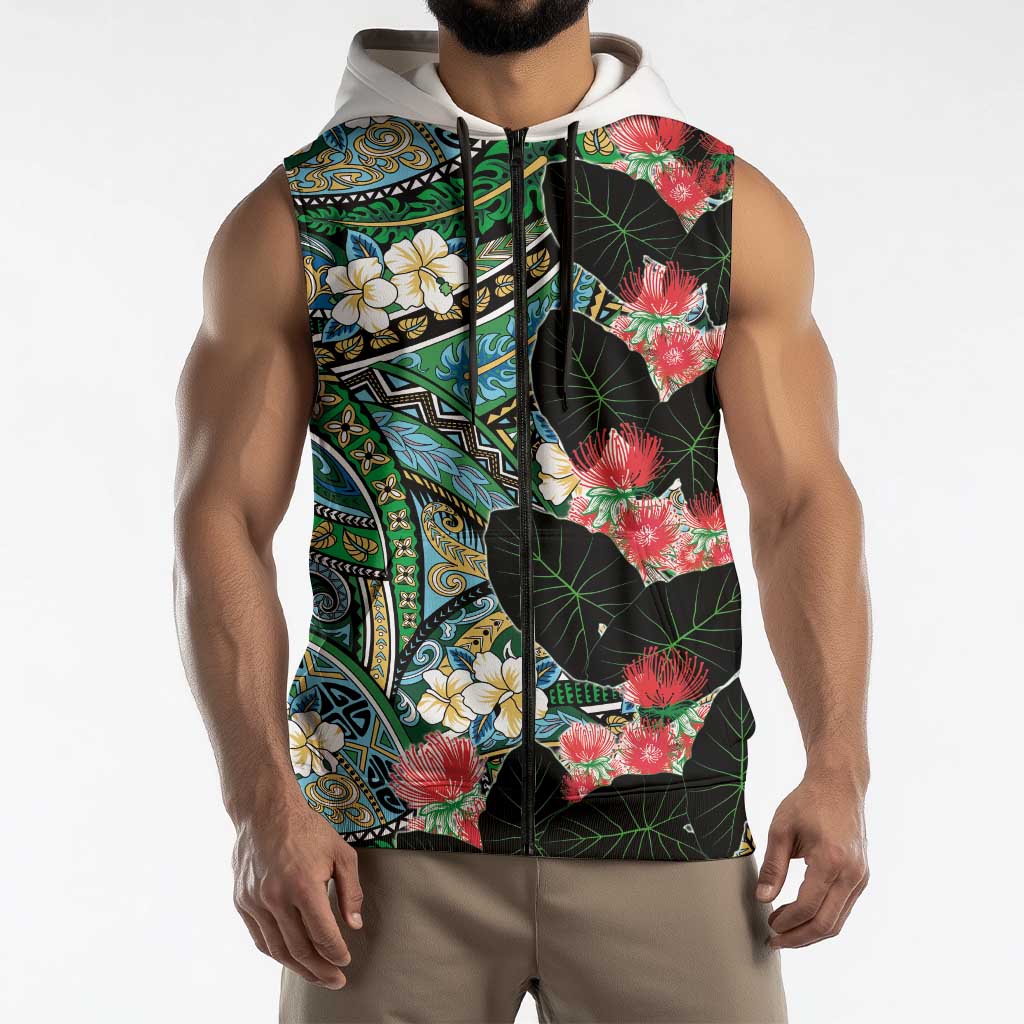 Hawaiian Taro Leaves and Ohia Lehua Sleeveless Zip Hoodie Polynesian Tribal Art Tropical Plants Motifs Colorful LT03 - Polynesian Pride