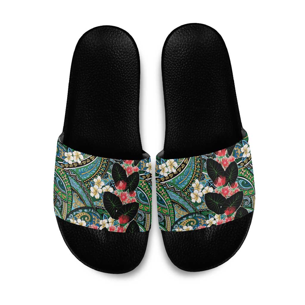 Hawaiian Taro Leaves and Ohia Lehua Slide Sandals Polynesian Tribal Art Tropical Plants Motifs Colorful LT03 Multicolor - Polynesian Pride