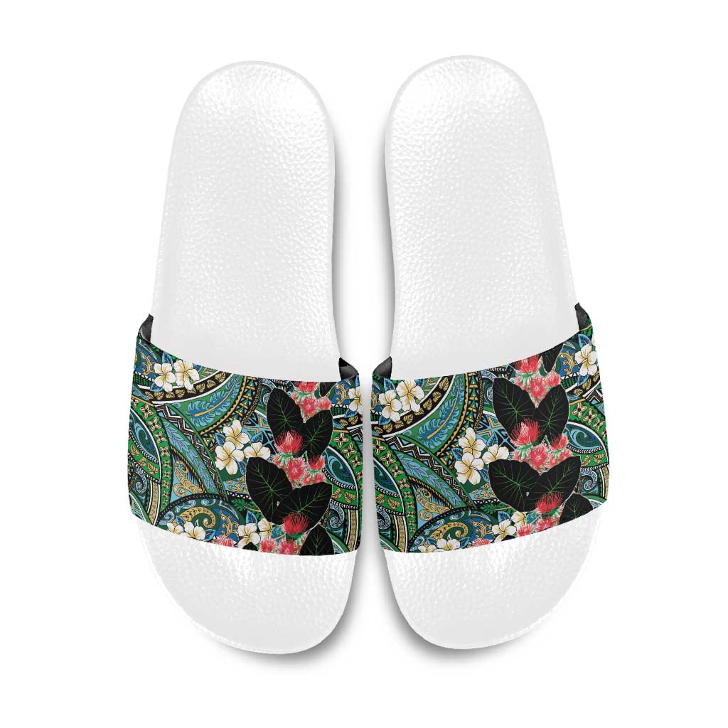 Hawaiian Taro Leaves and Ohia Lehua Slide Sandals Polynesian Tribal Art Tropical Plants Motifs Colorful LT03 Multicolor - Polynesian Pride