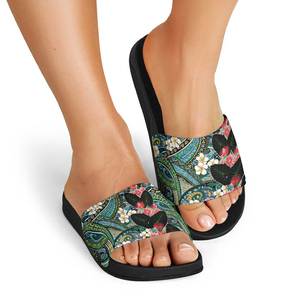 Hawaiian Taro Leaves and Ohia Lehua Slide Sandals Polynesian Tribal Art Tropical Plants Motifs Colorful LT03 - Polynesian Pride