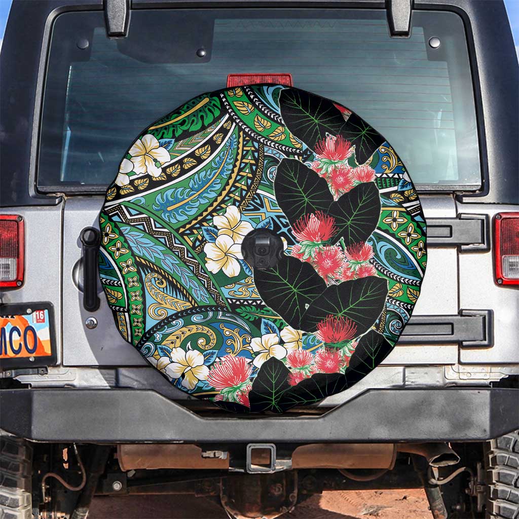 Hawaiian Taro Leaves and Ohia Lehua Spare Tire Cover Polynesian Tribal Art Tropical Plants Motifs Colorful LT03 Multicolor - Polynesian Pride