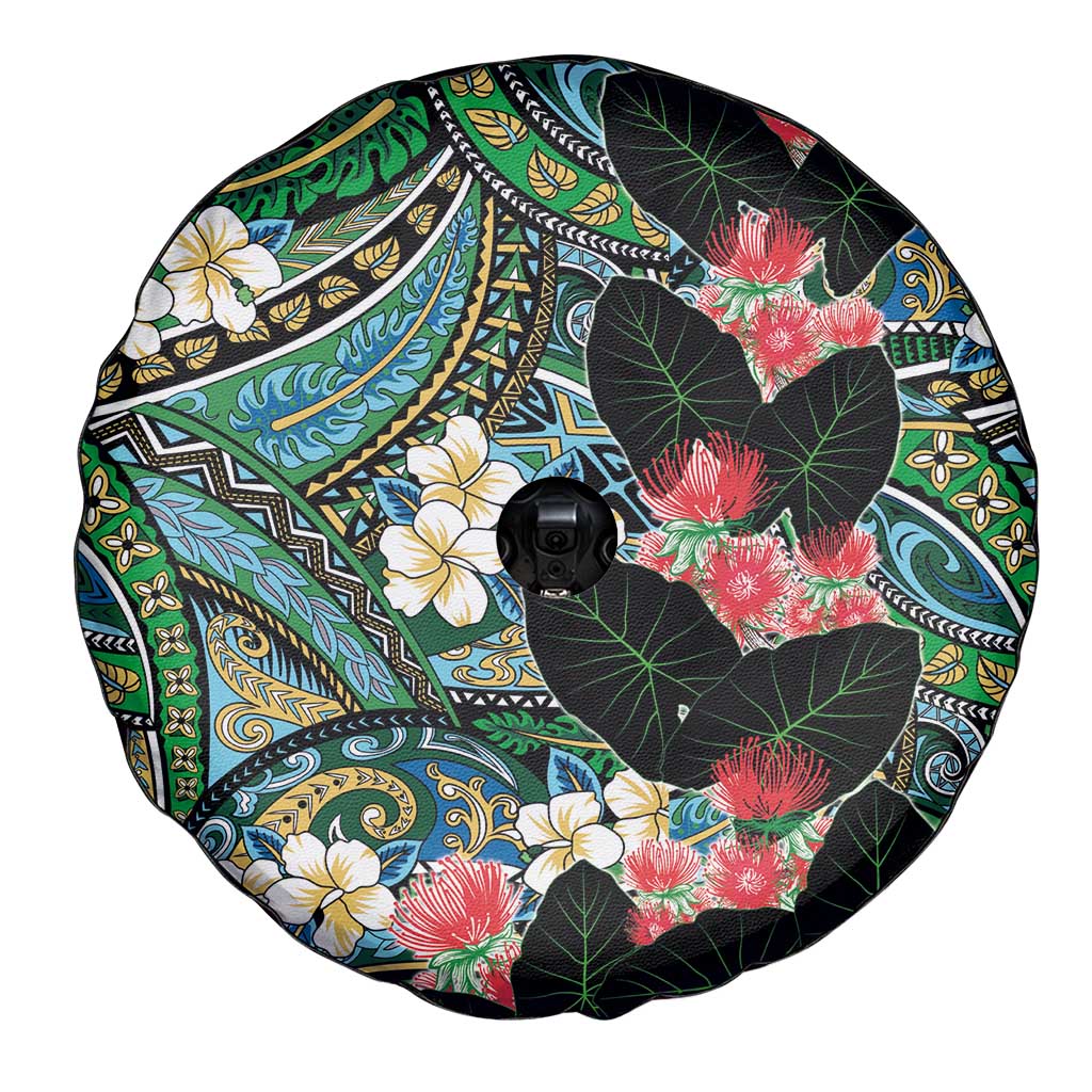 Hawaiian Taro Leaves and Ohia Lehua Spare Tire Cover Polynesian Tribal Art Tropical Plants Motifs Colorful LT03 - Polynesian Pride