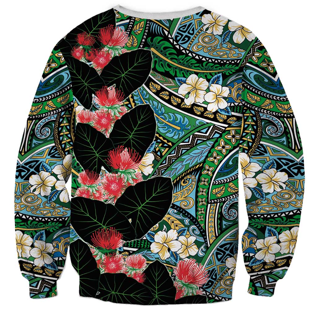 Hawaiian Taro Leaves and Ohia Lehua Sweatshirt Polynesian Tribal Art Tropical Plants Motifs Colorful LT03 - Polynesian Pride