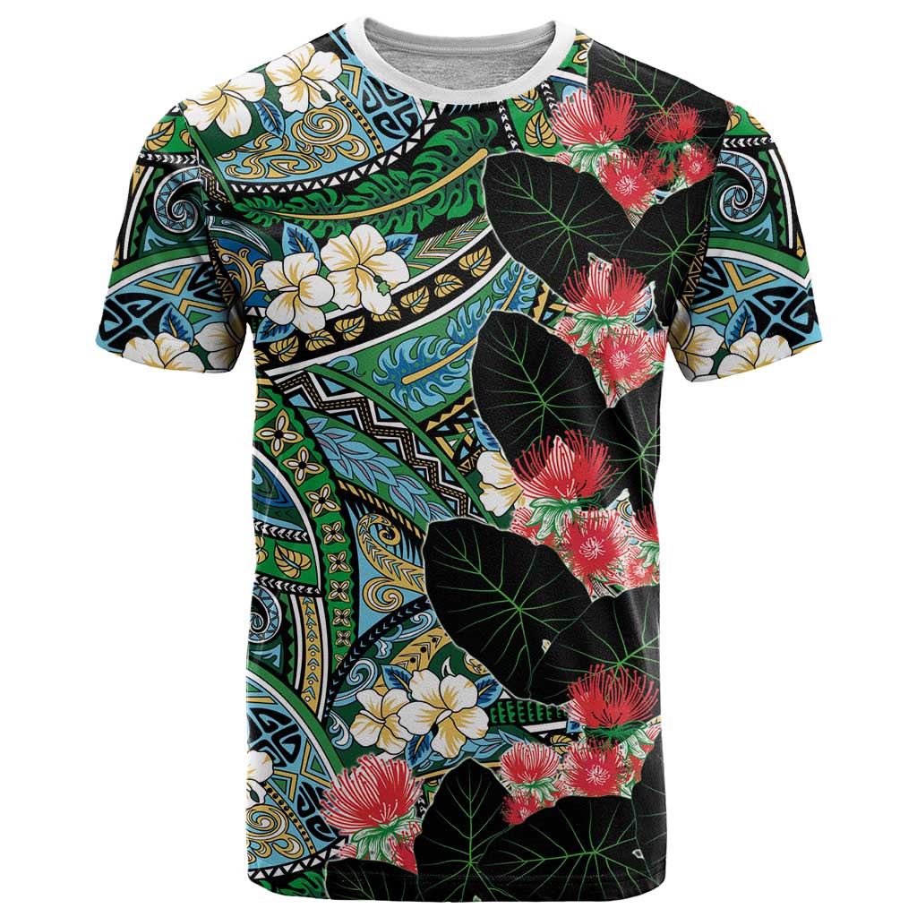 Hawaiian Taro Leaves and Ohia Lehua T Shirt Polynesian Tribal Art Tropical Plants Motifs Colorful