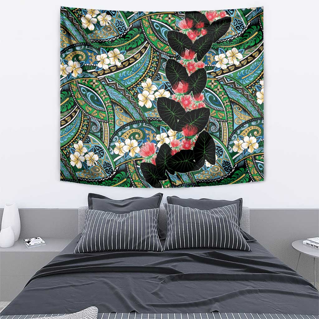 Hawaiian Taro Leaves and Ohia Lehua Tapestry Polynesian Tribal Art Tropical Plants Motifs Colorful LT03 - Polynesian Pride