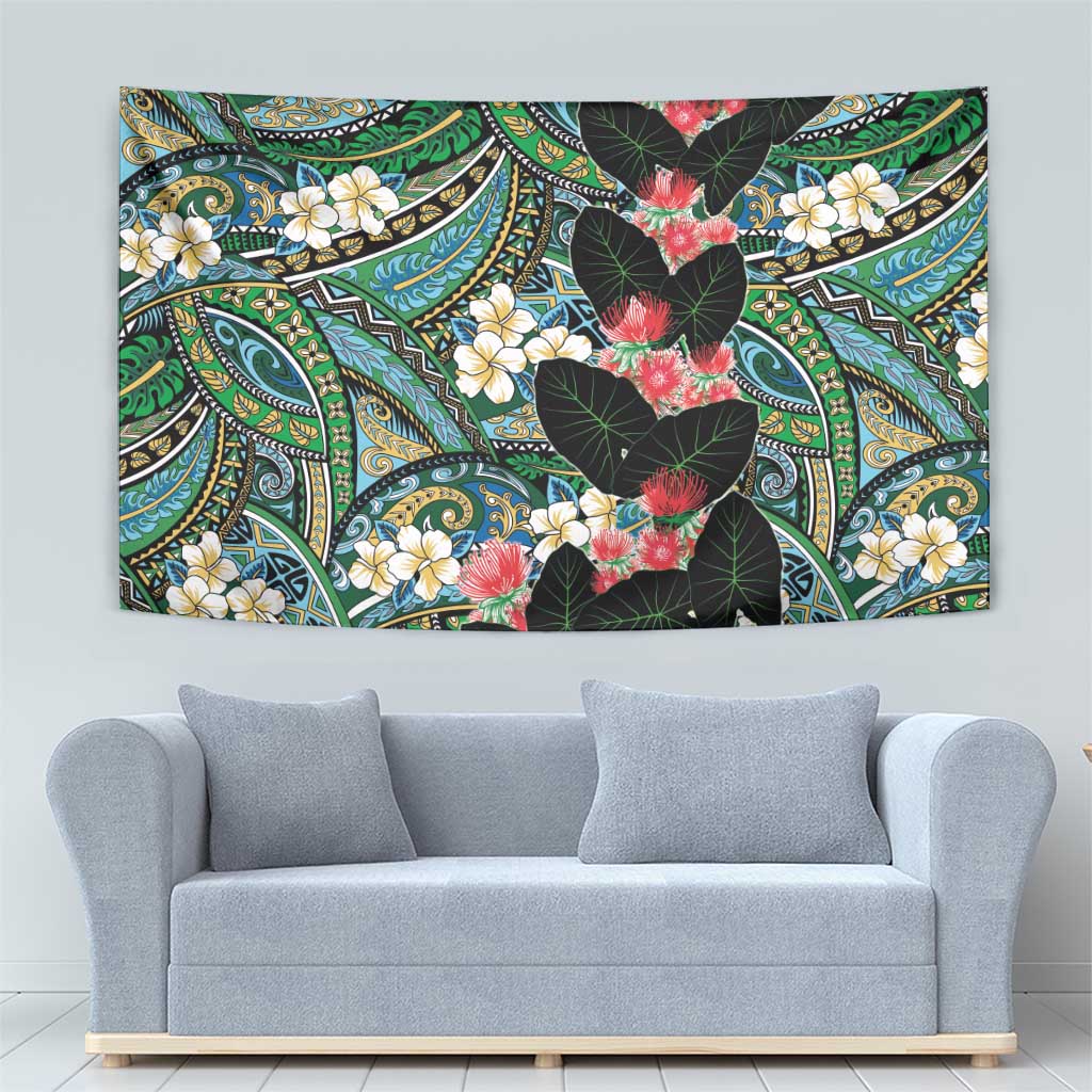 Hawaiian Taro Leaves and Ohia Lehua Tapestry Polynesian Tribal Art Tropical Plants Motifs Colorful LT03 - Polynesian Pride
