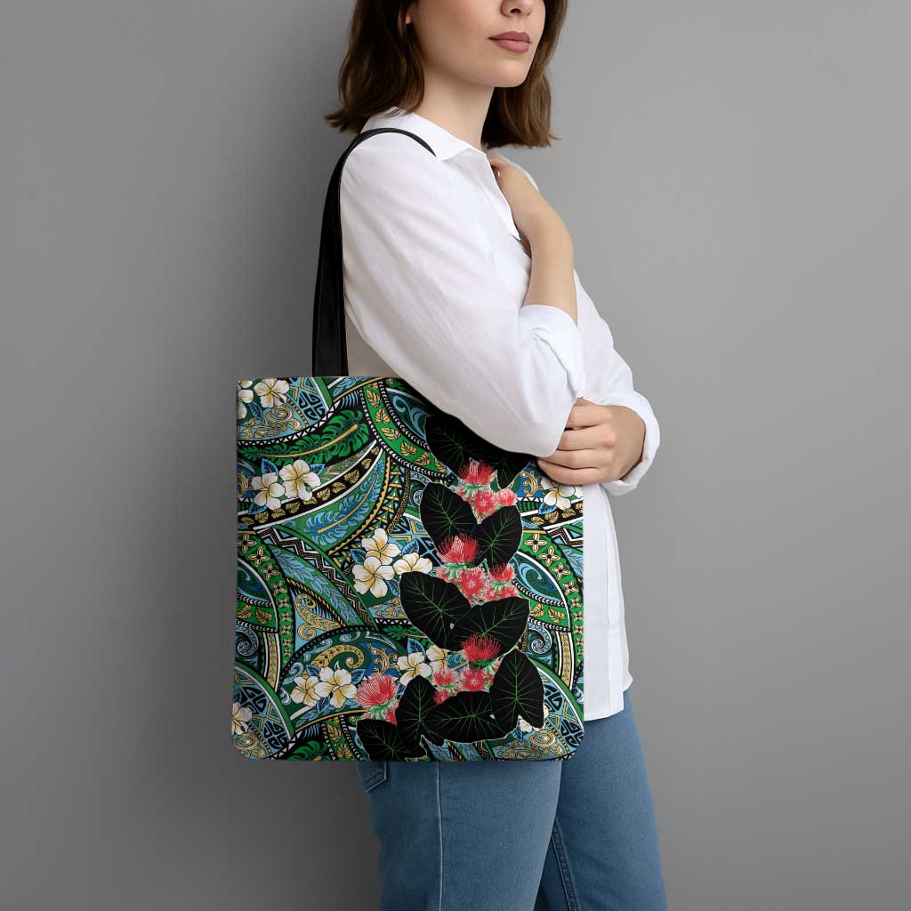 Hawaiian Taro Leaves and Ohia Lehua Tote Bag Polynesian Tribal Art Tropical Plants Motifs Colorful LT03 - Polynesian Pride