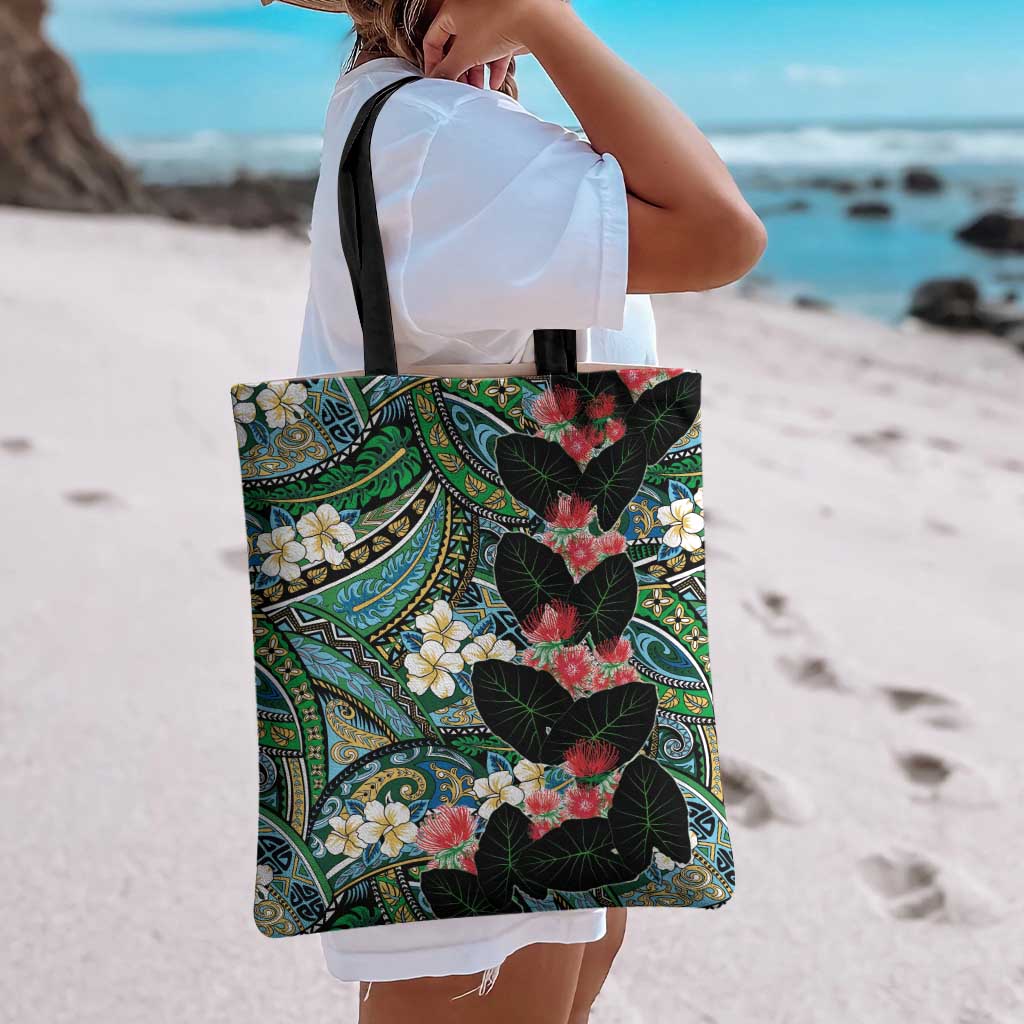 Hawaiian Taro Leaves and Ohia Lehua Tote Bag Polynesian Tribal Art Tropical Plants Motifs Colorful LT03 - Polynesian Pride