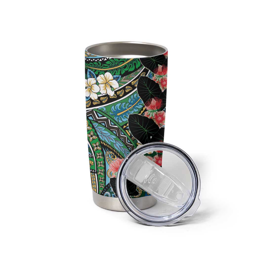 Hawaiian Taro Leaves and Ohia Lehua Tumbler Cup Polynesian Tribal Art Tropical Plants Motifs Colorful LT03 - Polynesian Pride