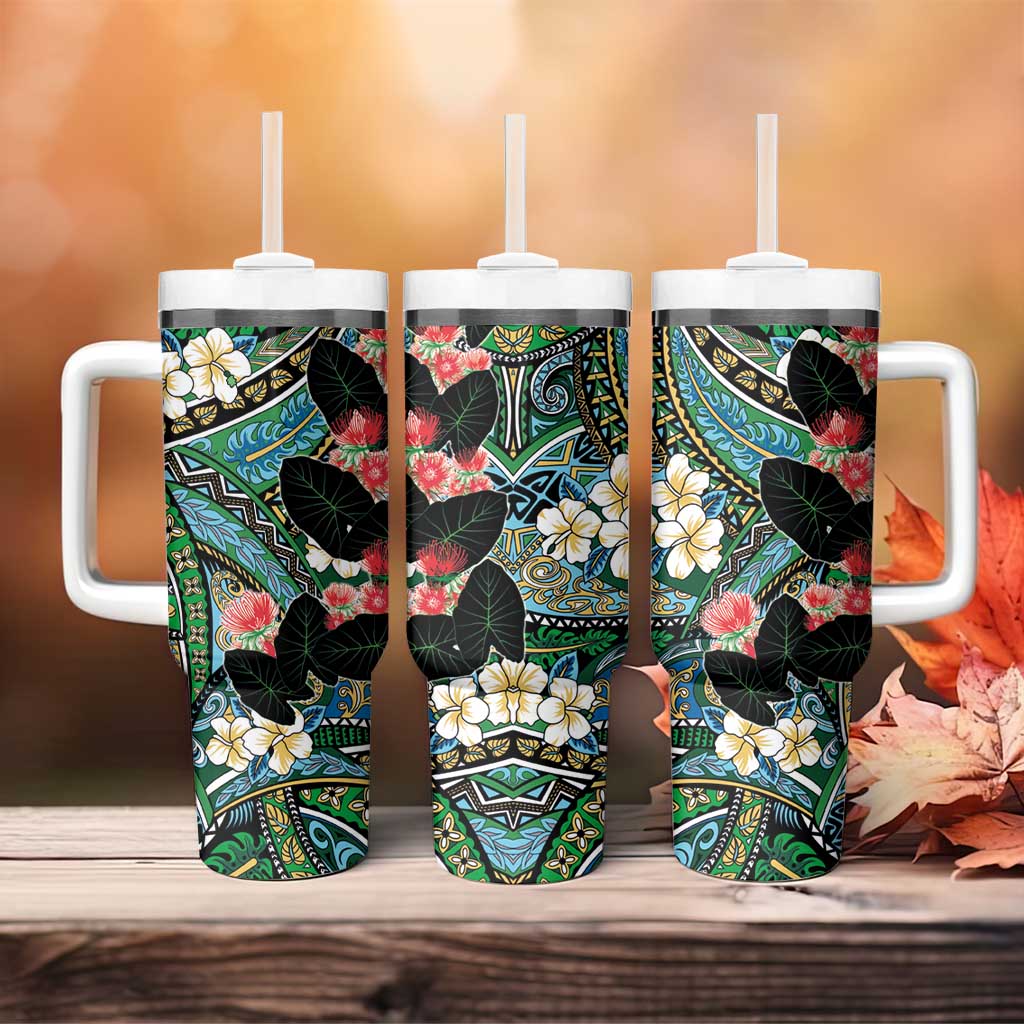 Hawaiian Taro Leaves and Ohia Lehua Tumbler With Handle Polynesian Tribal Art Tropical Plants Motifs Colorful LT03 - Polynesian Pride