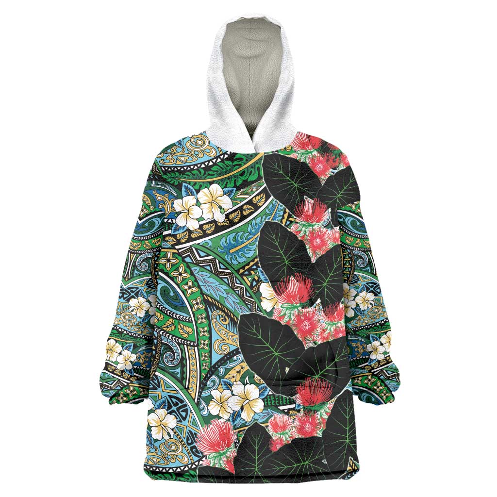 Hawaiian Taro Leaves and Ohia Lehua Wearable Blanket Hoodie Polynesian Tribal Art Tropical Plants Motifs Colorful LT03 One Size Multicolor - Polynesian Pride