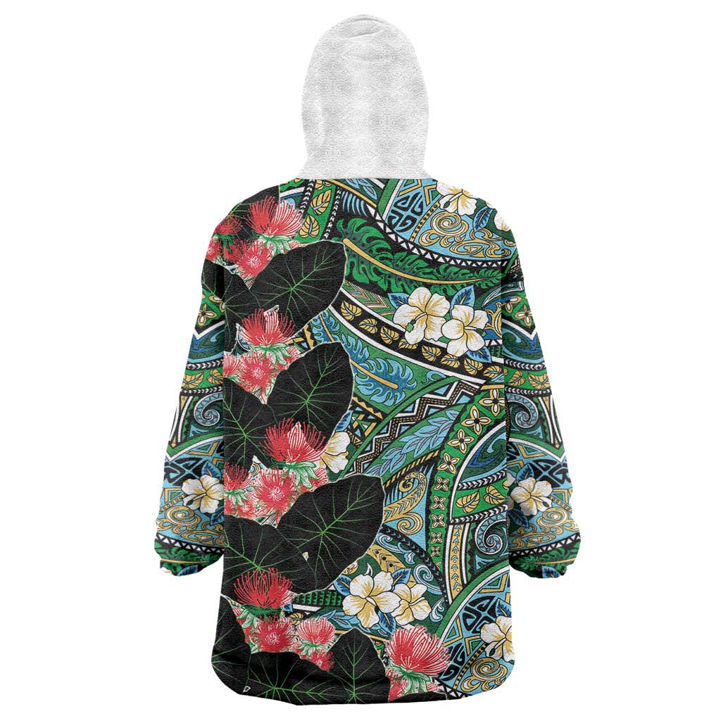 Hawaiian Taro Leaves and Ohia Lehua Wearable Blanket Hoodie Polynesian Tribal Art Tropical Plants Motifs Colorful LT03 - Polynesian Pride