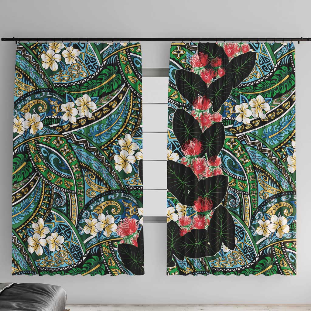 Hawaiian Taro Leaves and Ohia Lehua Window Curtain Polynesian Tribal Art Tropical Plants Motifs Colorful LT03 With Hooks Multicolor - Polynesian Pride