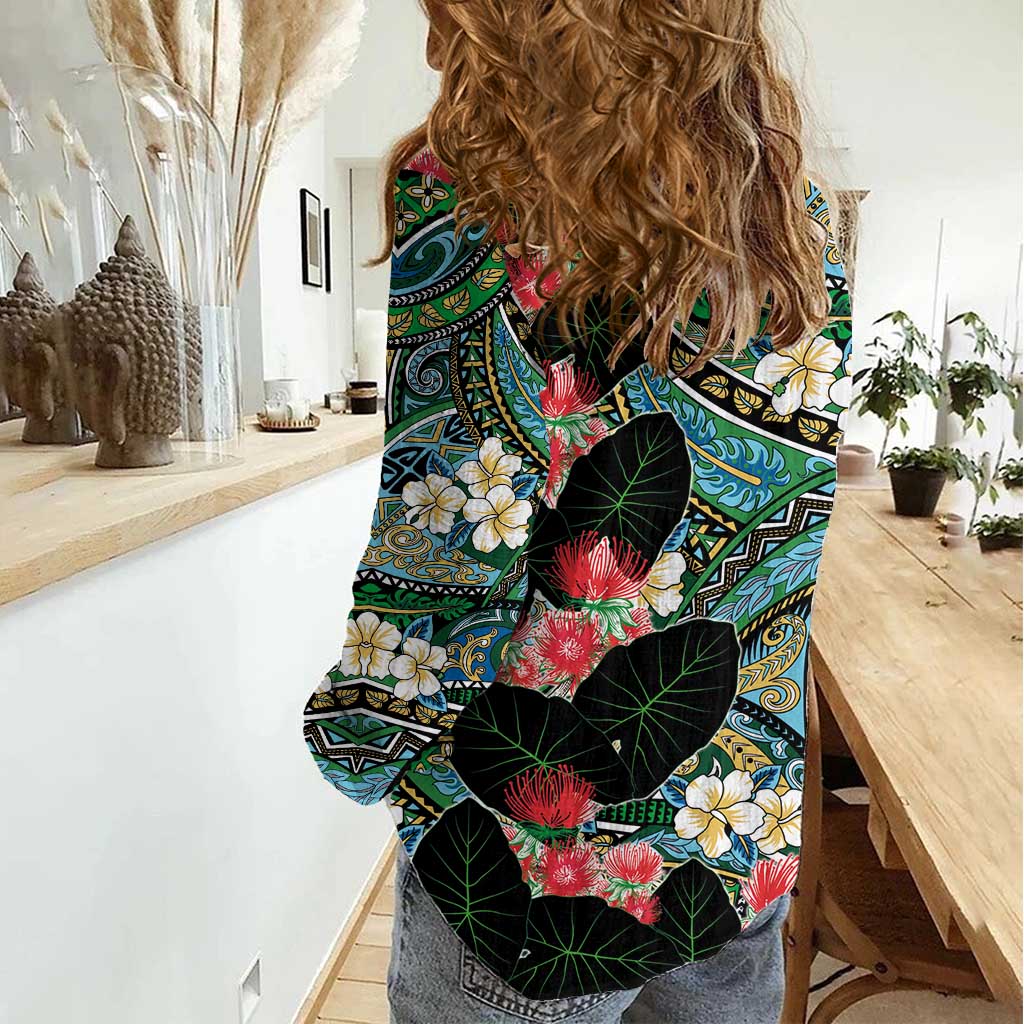 Hawaiian Taro Leaves and Ohia Lehua Women Casual Shirt Polynesian Tribal Art Tropical Plants Motifs Colorful LT03 - Polynesian Pride