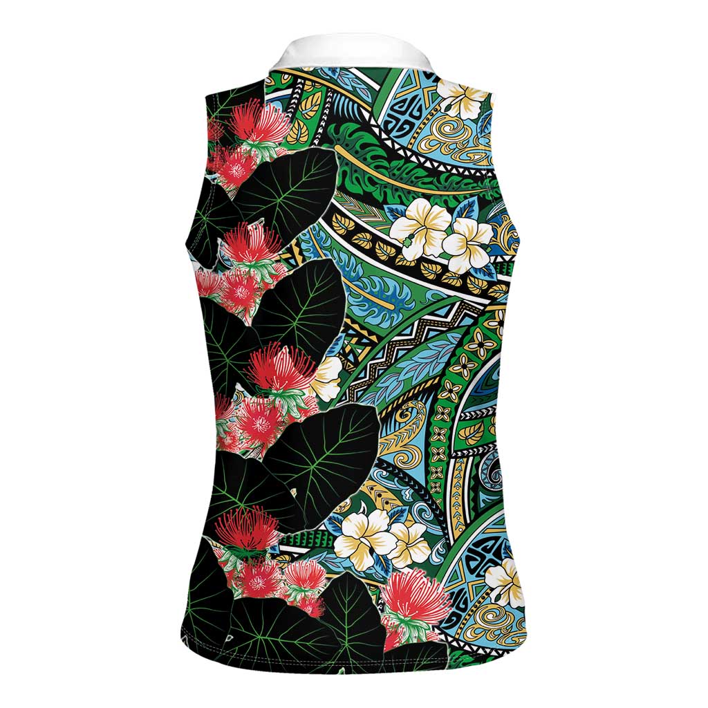 Hawaiian Taro Leaves and Ohia Lehua Women Sleeveless Polo Shirt Polynesian Tribal Art Tropical Plants Motifs Colorful LT03 - Polynesian Pride