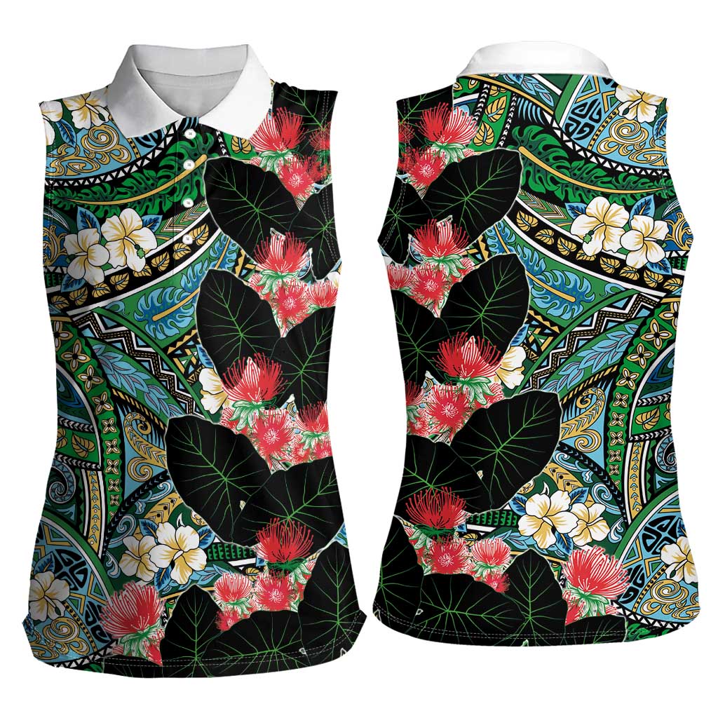 Hawaiian Taro Leaves and Ohia Lehua Women Sleeveless Polo Shirt Polynesian Tribal Art Tropical Plants Motifs Colorful LT03 - Polynesian Pride