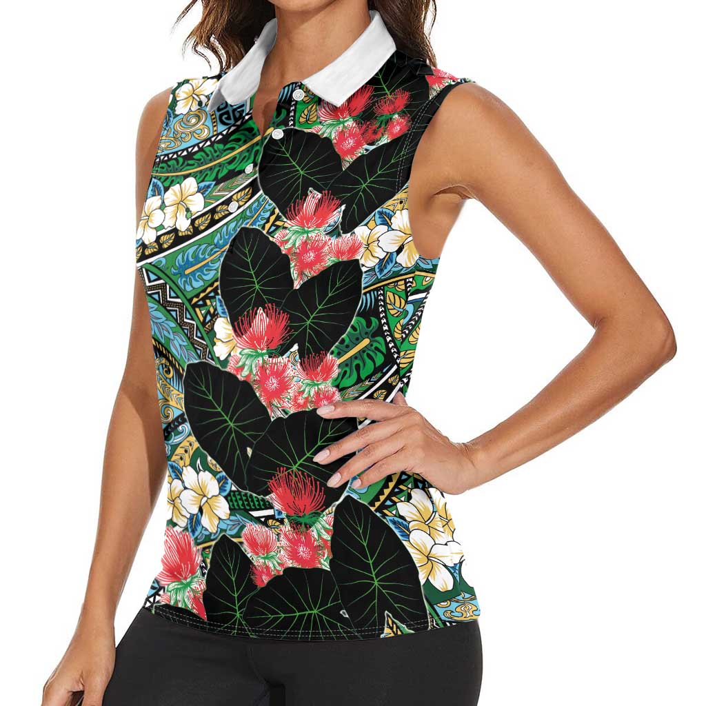 Hawaiian Taro Leaves and Ohia Lehua Women Sleeveless Polo Shirt Polynesian Tribal Art Tropical Plants Motifs Colorful LT03 - Polynesian Pride