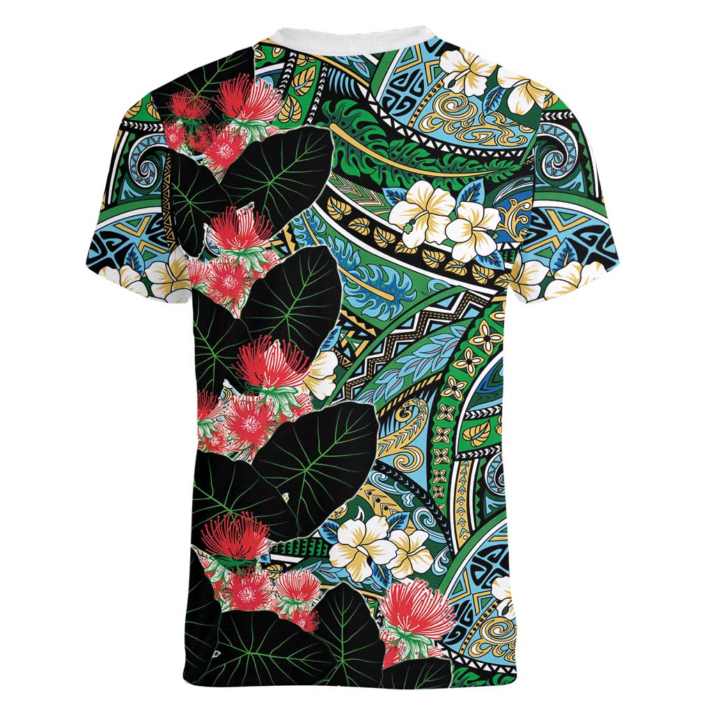 Hawaiian Taro Leaves and Ohia Lehua Women V-Neck T-Shirt Polynesian Tribal Art Tropical Plants Motifs Colorful LT03 - Polynesian Pride