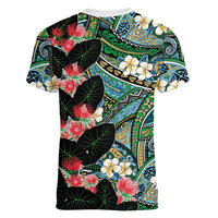 Hawaiian Taro Leaves and Ohia Lehua Women V-Neck T-Shirt Polynesian Tribal Art Tropical Plants Motifs Colorful LT03 - Polynesian Pride