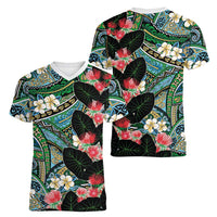 Hawaiian Taro Leaves and Ohia Lehua Women V-Neck T-Shirt Polynesian Tribal Art Tropical Plants Motifs Colorful LT03 - Polynesian Pride