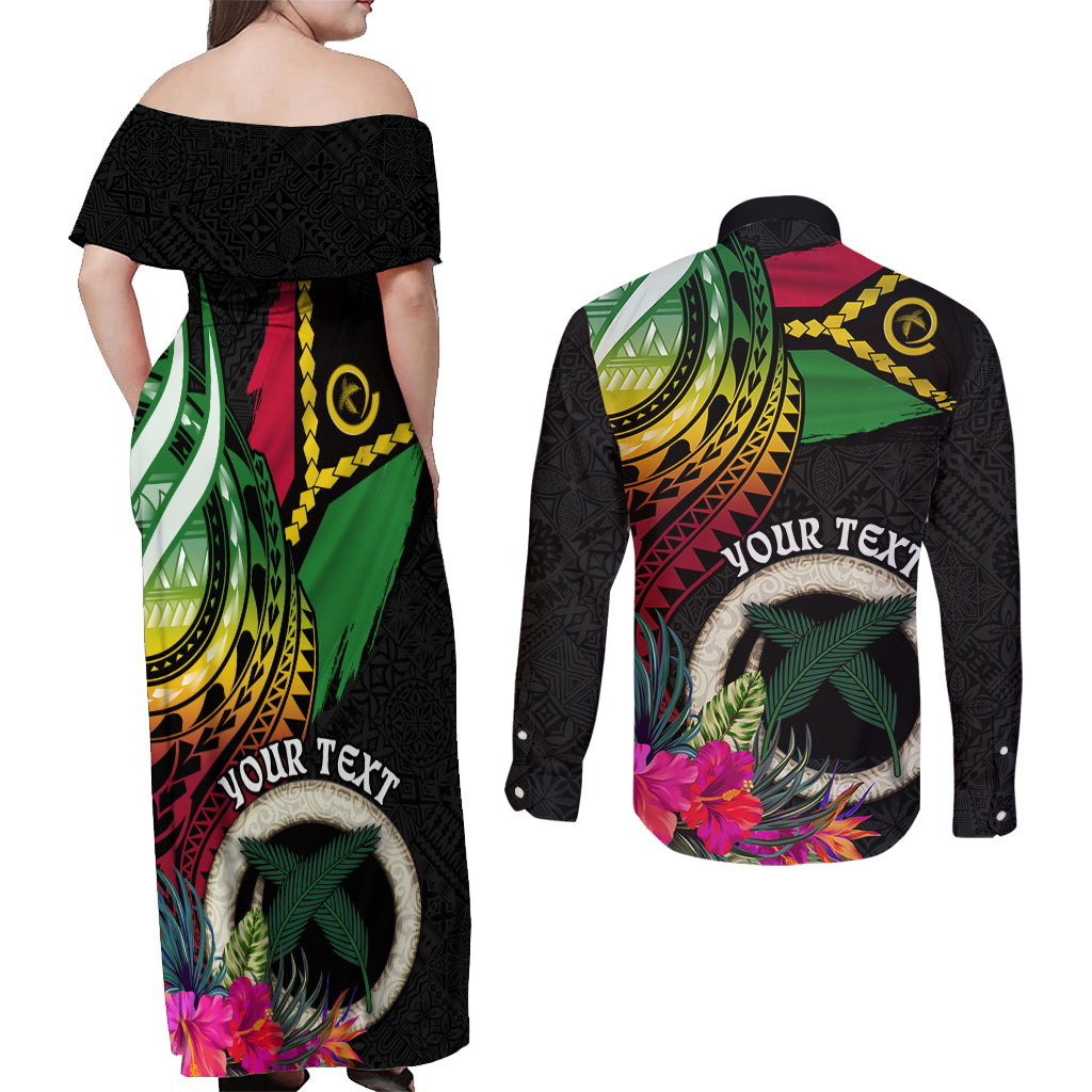 Vanuatu 44th Anniversary Couples Matching Off Shoulder Maxi Dress and Long Sleeve Button Shirt Boars Tusk Tugeta Yumi Selebretem Indipendens Dei
