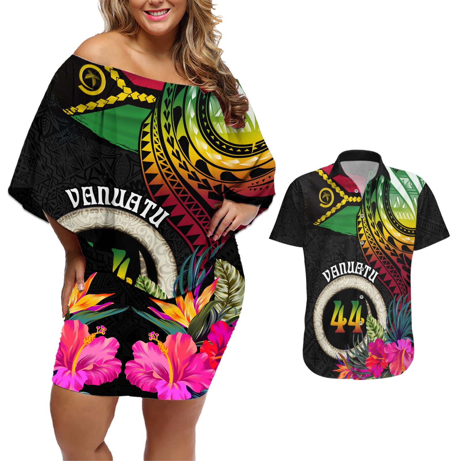 Vanuatu 44th Anniversary Couples Matching Off Shoulder Short Dress and Hawaiian Shirt Boars Tusk Tugeta Yumi Selebretem Indipendens Dei