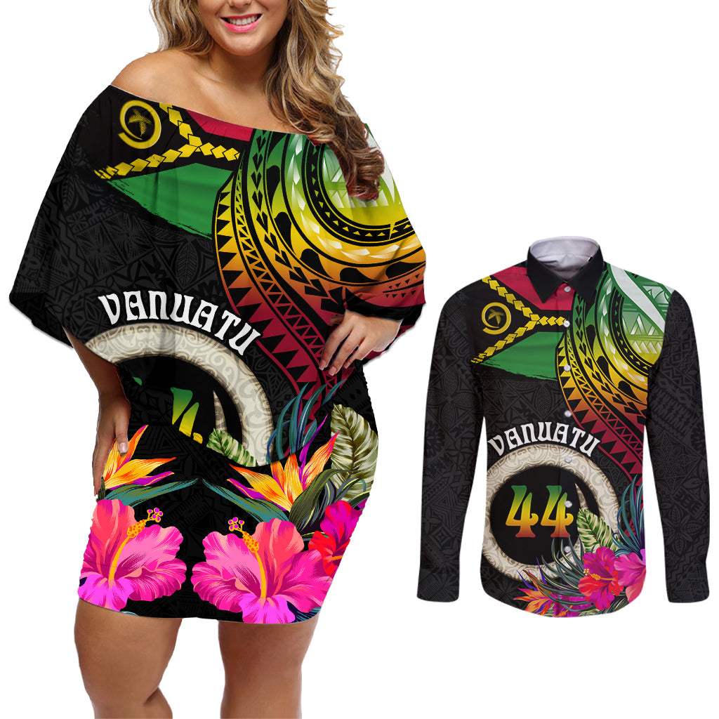Vanuatu 44th Anniversary Couples Matching Off Shoulder Short Dress and Long Sleeve Button Shirt Boars Tusk Tugeta Yumi Selebretem Indipendens Dei