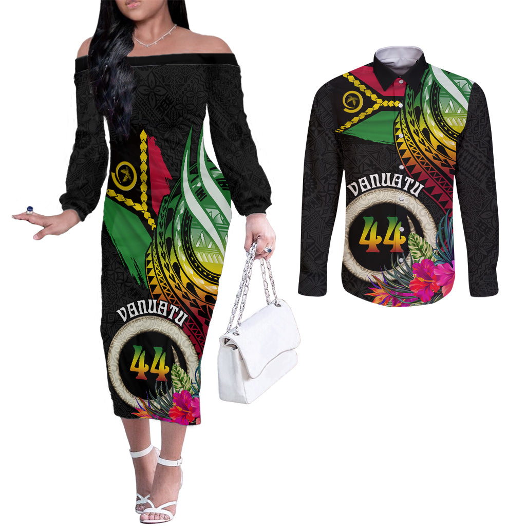 Vanuatu 44th Anniversary Couples Matching Off The Shoulder Long Sleeve Dress and Long Sleeve Button Shirt Boars Tusk Tugeta Yumi Selebretem Indipendens Dei