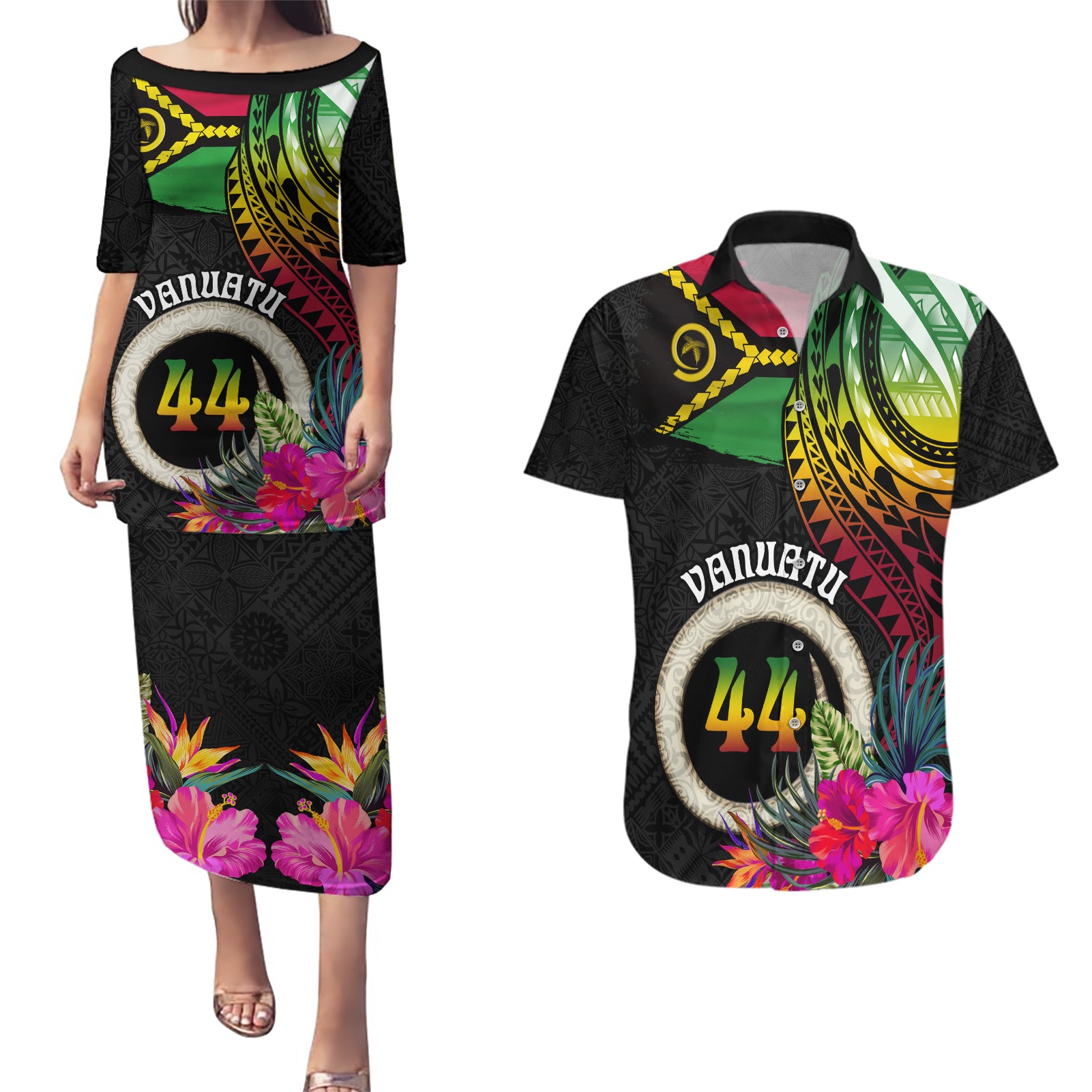 Vanuatu 44th Anniversary Couples Matching Puletasi and Hawaiian Shirt Boars Tusk Tugeta Yumi Selebretem Indipendens Dei